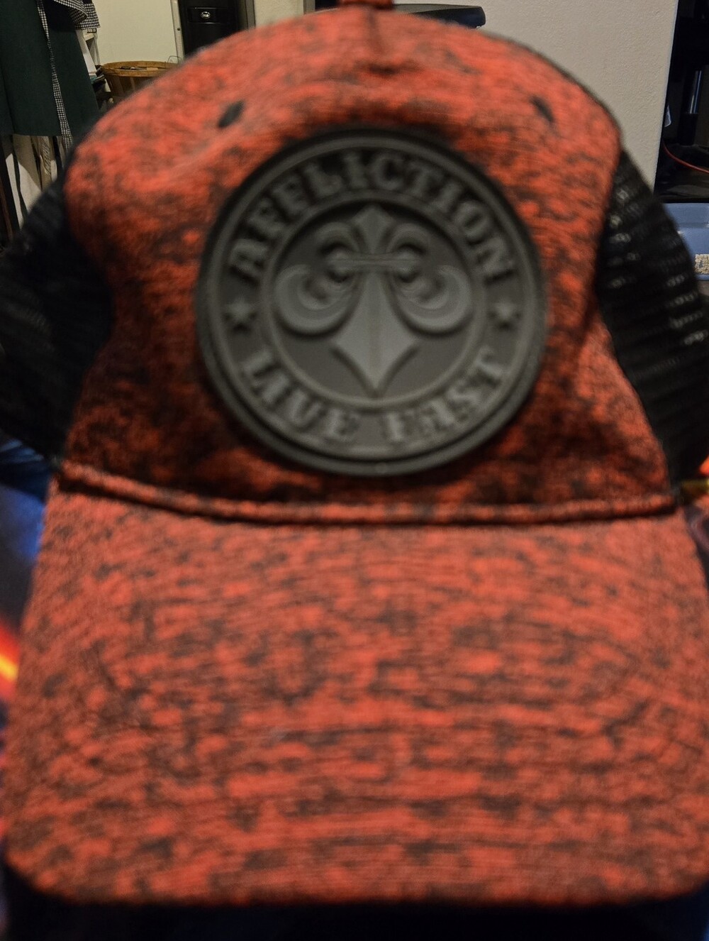 Affliction Red and Black Heather Patch Trucker Hat